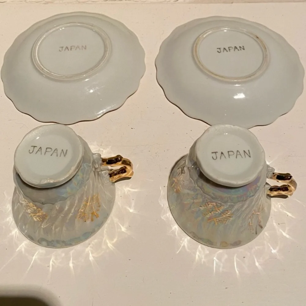 Victorian Lovers Teacups Courting Couple 1900s Japan 24K Gold Pearl Demitasse